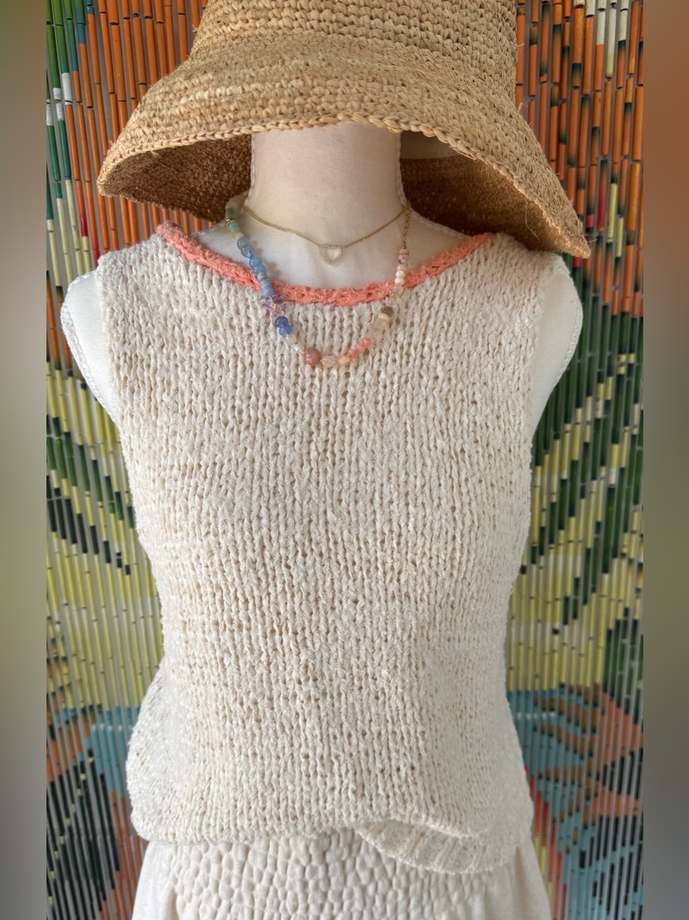 Free People Cream Knit Tank with Coral Trim